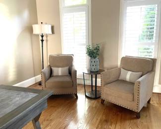 living room set, armchairs, gray wood table, plants, coffee table, throw pillows