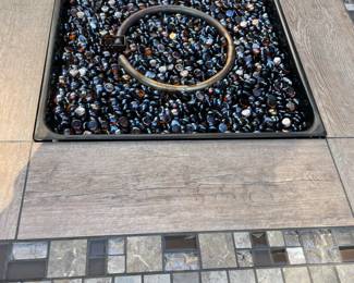 outdoor furniture, gas fire pit, outdoor storage container, tan cushions