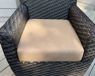 outdoor furniture, gas fire pit, outdoor storage container, tan cushions