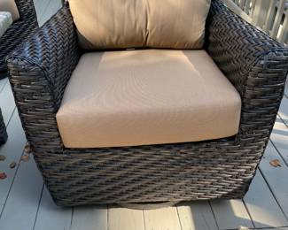outdoor furniture, gas fire pit, outdoor storage container, tan cushions