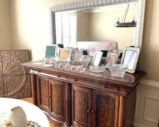 Vintage wooden sideboard, picture frames, crystal serving dishes