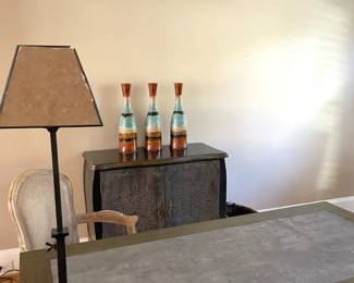 decor, wooden chair, gray wooden desk, table lamp, wooden storage 