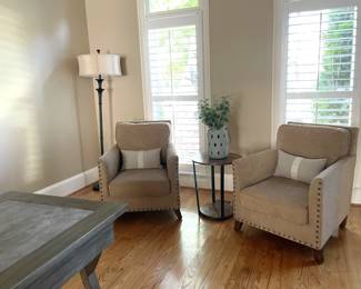 living room set, armchairs, gray wood table, plants, coffee table, throw pillows