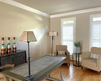 living room set, armchairs, gray wood table, plants, coffee table, throw pillows
