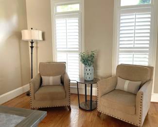 living room set, armchairs, gray wood table, plants, coffee table, throw pillows