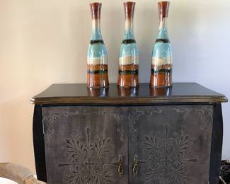 gray wood storage, sideboard, turquoise and brown vessels, set of 3