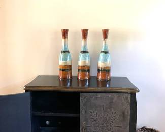 Uttermost gray wood storage, sideboard, turquoise and brown vessels, set of 3