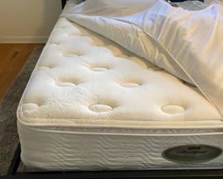 Full size mid-century inspired black iron and wood bed frame, mattress, linens