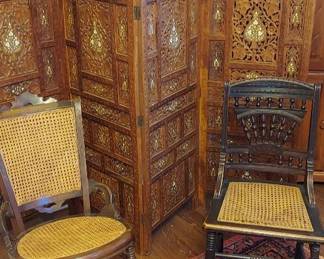 Screen, selection of antique chairs