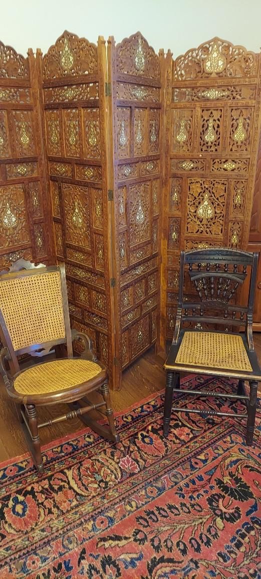 Screen, selection of antique chairs