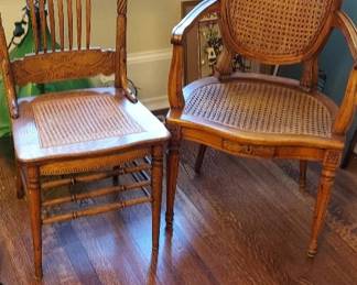French cane back and seat arm chair, pressed back chair