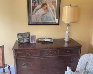 Antique cherry (top will need refinishing), framed art, baby frames