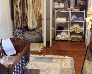 Baby cradle, Chinese wool rug, linens