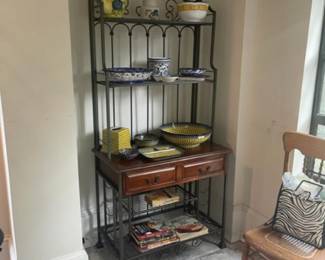 Bakers rack with Polish pottery and blue/white ware