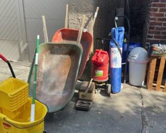 Buckets, wheelbarrows