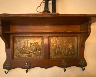 Antique Wall Mounted Coat Rack with Copper Inset Panels