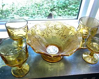 Vintage Gold Glass Bowl and Glasses