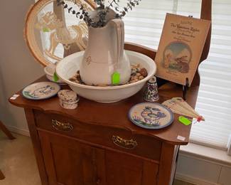 Antique Oak Wash Stand with Ironstone pitcher and wash basin