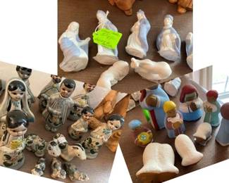 Collection of Nativity Sets from blown glass, olive wood, Tonalo Mexican folk art, made in USA and Mexico