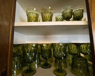 1970s Anchor Hocking Fairfield Avocado Green Vintage Stemware, Colonial Green and Clear Stemware