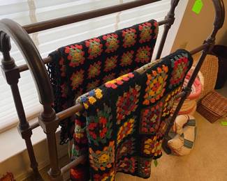 Antique Quilt Rack and Vintage Crochet Blankets