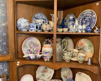 Antique Corner Cabinet full of China from England, Japan, USA, Scotland