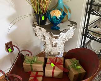 Decorative Aqua Glass Blown Vase and blue Candy Dish, White Pedestal, Large Metal Santa Sleigh