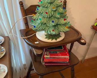 Vintage Ceramic Christmas Tree that lights up AND Vintage Wooden Highchair