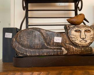 Wrought Iron Shelf and Hand Carved Wooden Cat