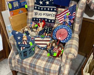 Red, White, Blue Celebration items and Wingback Covered Chair