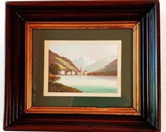Water Color Painting Of Fluelen Switzerland By Mount Bristenstock, Hotel Adler, Frame 12x 14 Inch