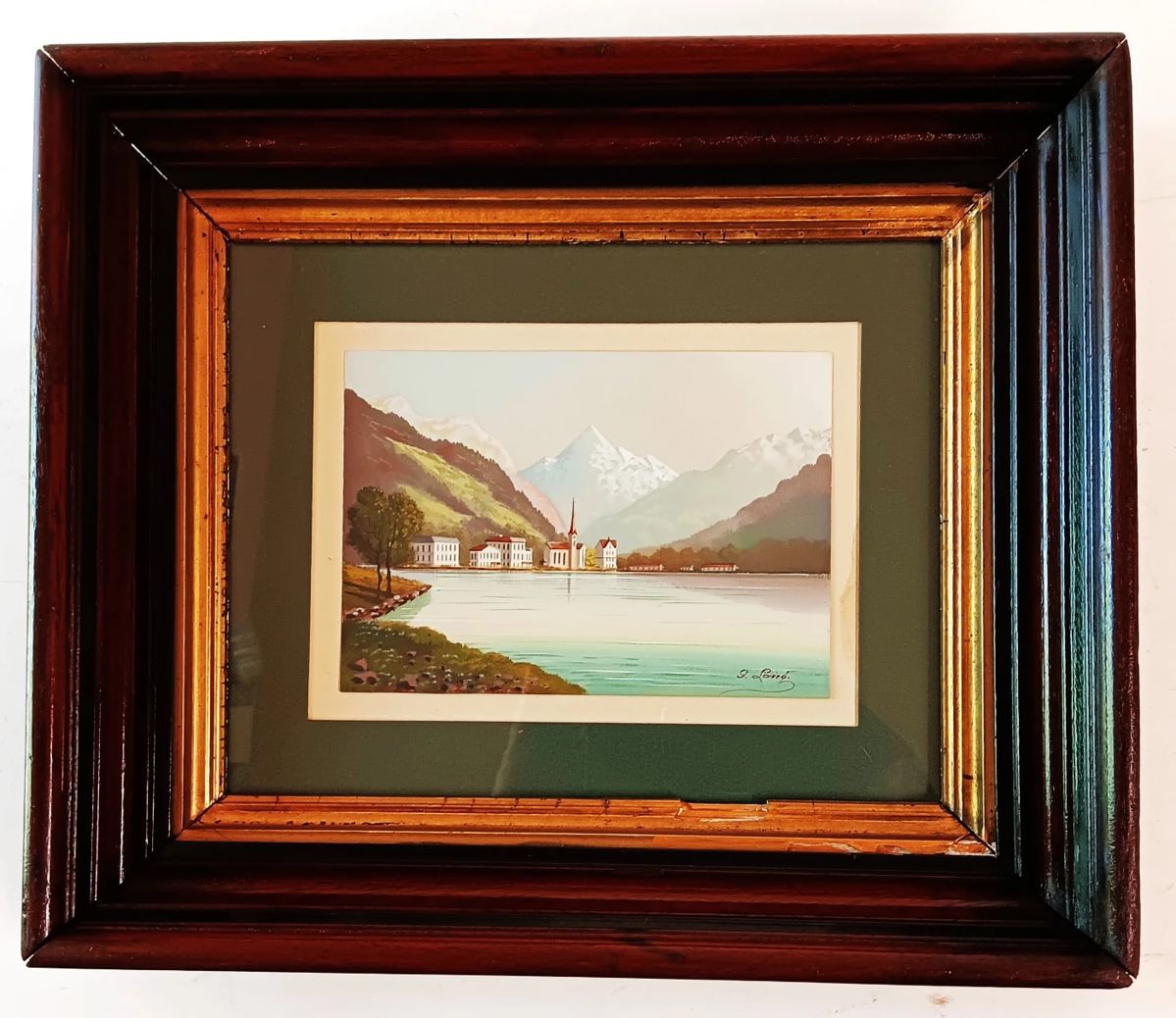 Water Color Painting Of Fluelen Switzerland By Mount Bristenstock, Hotel Adler, Frame 12x 14 Inch
