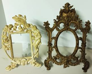 Antique metal Mirror/ Picture frames, 1 painted white with Art Nouveau Woman, circa 1900 