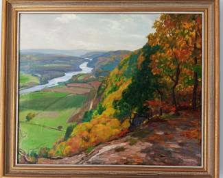 John Newton Howitt, Milford PA View: Delaware River, Tocks Island, Oil On Canvas,  Frame 27x 23 