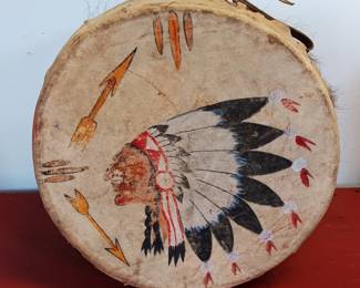 Vintage American Indian Souvenir Drum, 13" Diameter, 
Tree & leather, probably a reservation souvenir
some damage - open seam