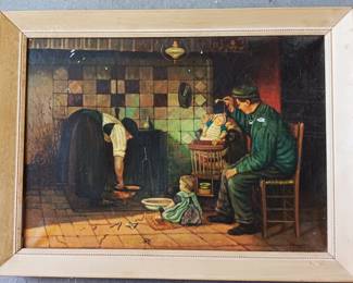 Antique oil painting, Family at Kitchen Hearth, 
Possible illustration painting, unsigned
Framed 24x 32", 
Attic Find - punctures, scratch