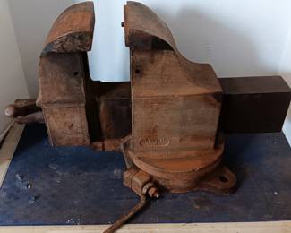 Prentiss 355 swivel base vise, 5" jaw (one side missing),
 ball cut off end of handle, 
heavy 120 lbs