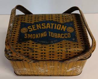 Antique Tobacco Tin, 'Sensation' Swing Handled Tin Lithograph Container, 5x 5x 8" High