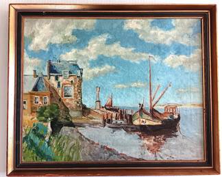 Vintage Seascape Oil Painting Fine Art Original Of Boat In Harbor, 18x 22 Inch