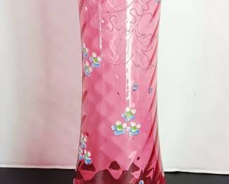 Antique (1890s) Cranberry Swirl Vase, 12 Inch W/ Enamel Hand Applied Decoration