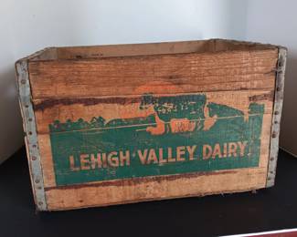 Vintage Lehigh Valley Dairy Wood Milk Crate W/Metal Straps Trim, Cows In Pasture, 1960s