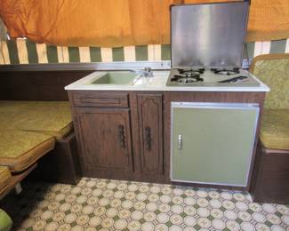 Sink, stovetop and small fridge
