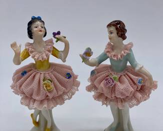 Pair of Volkstedter Dresden German lace "Dancing Girls"