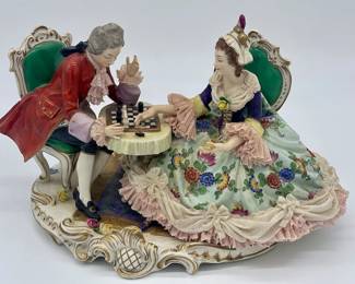 Volkstedter Dresden lace figurine of "Couple Playing Chess".