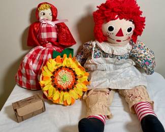Knickerbocker 30" Raggedy Ann and Topsy Turvy Red Riding Hood dolls.