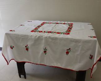 Lot 5774 Embroidered Tablecloth with Red Crochet Edge Textile