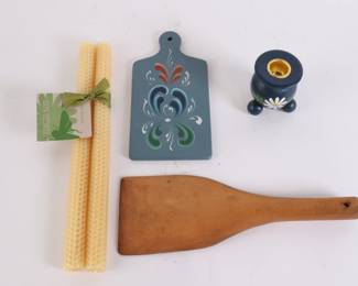 Lot 5783 Pair of Beeswax Candles and Mis Wood Decor Lot