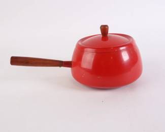 Lot 6280 Red Enamel Metal Fondue Pot with Wood Handle
