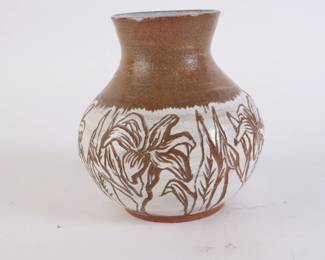 Lot 6283 Brown and White Pottery Vase with Floral Design
