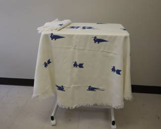 Lot 6295 Blue Bird Embroidered White Round Tablecloth and Matching Napkins